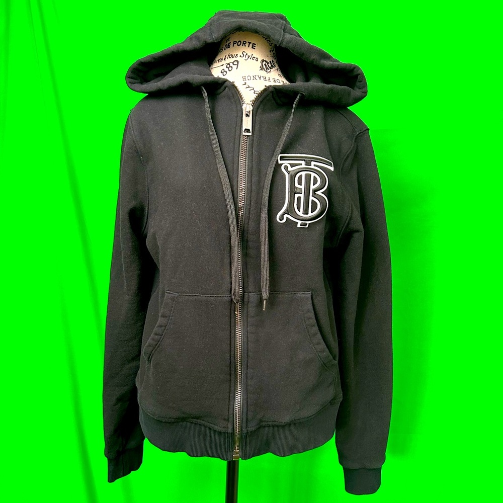 Burberry Aubree Jacket. Embroidered Monogram Zipped up Hoodie. Black. Size SP.